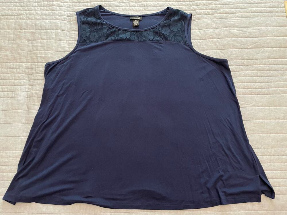 Any Wear By Catherines 3X 26/28W Navy Blue Sleeveless Shirt Lace Yoke 120